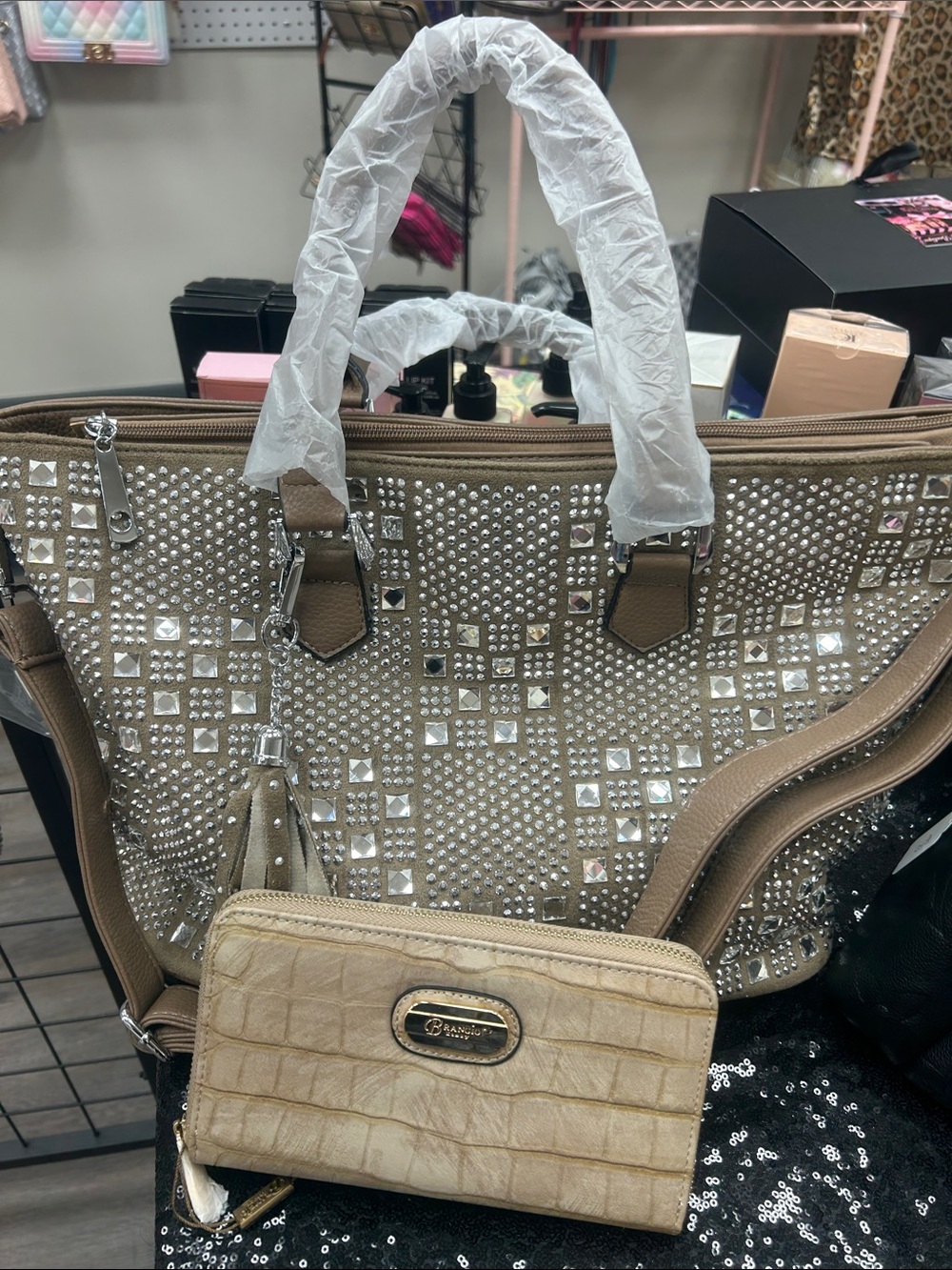 Studded Taupe Tote Bag with Matching Wallet - Unbranded